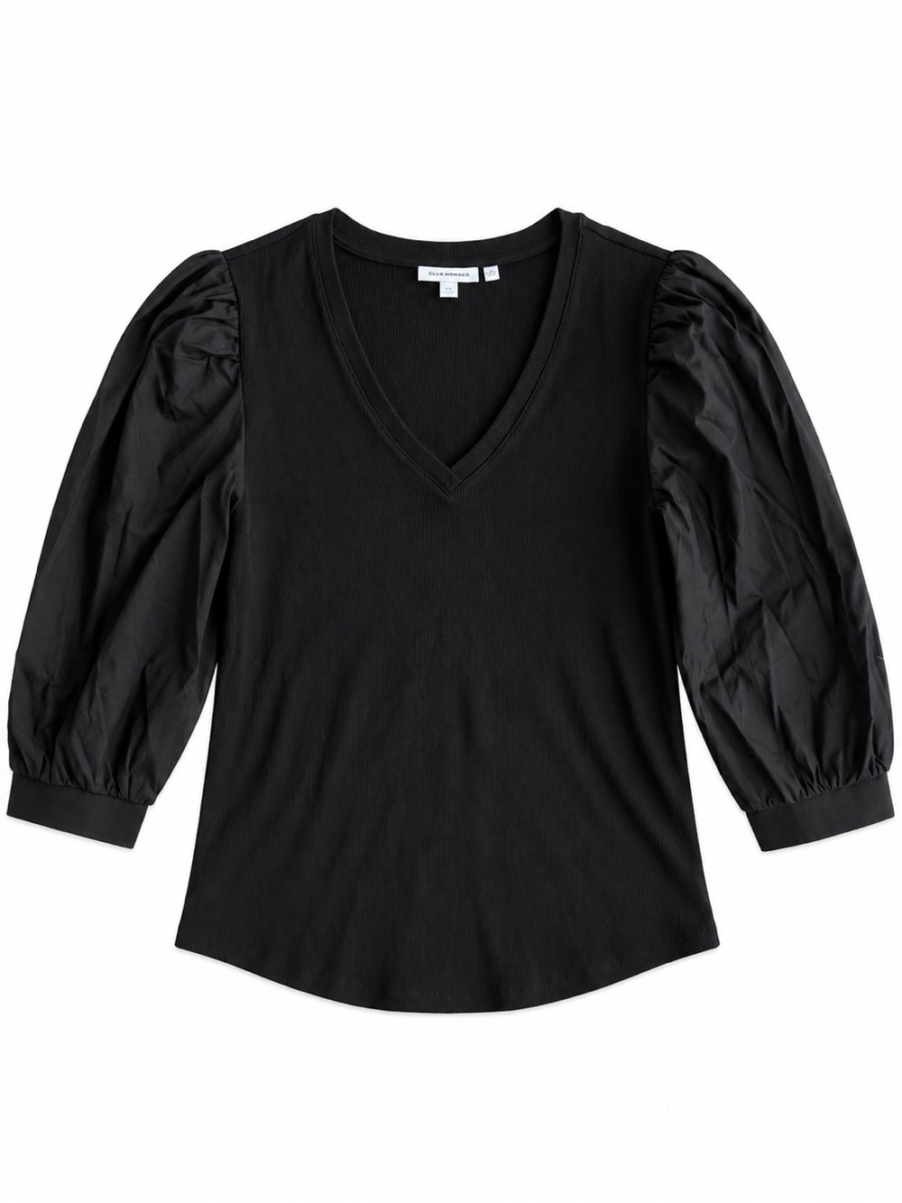 Chico’s Black V-Neck Puff Sleeve Ribbed Top Cotton Blend Size 1 (US 8)